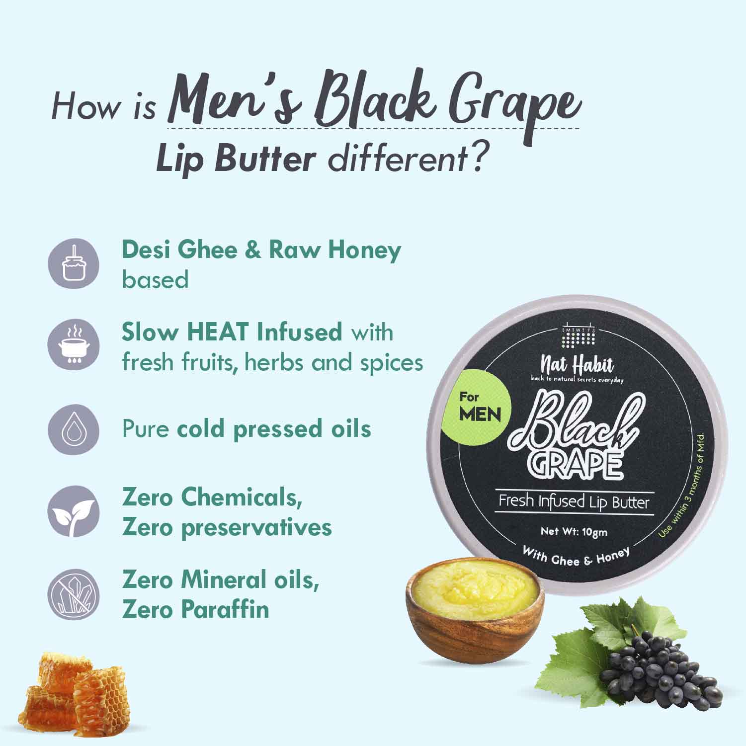 Desi Ghee & Honey Lip Balm- Non Tinted Black Grape Lip Butter For Dark Lip Lightening, Men