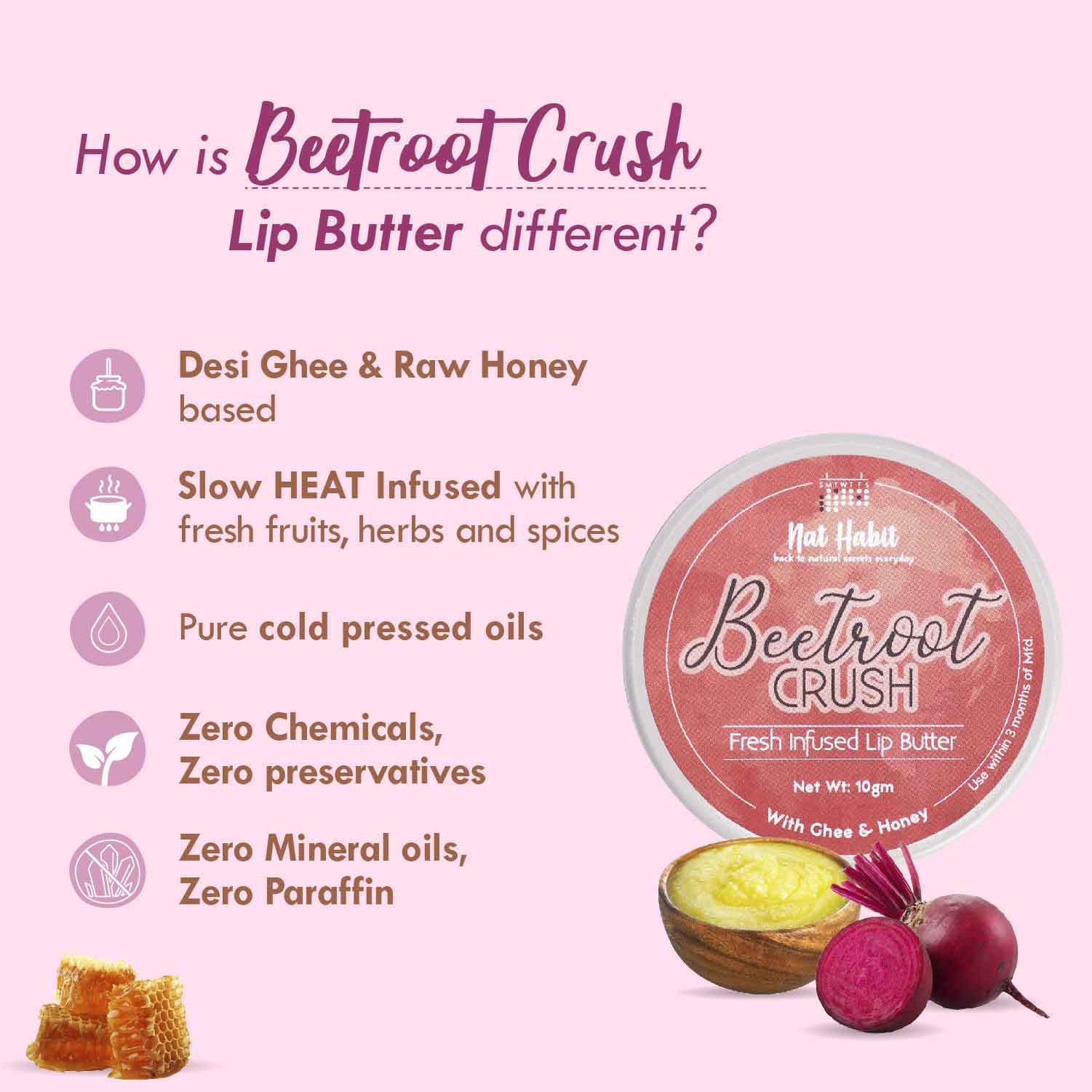 Desi Ghee & Honey Lip Balm- Beetroot Crush Lip Butter For Natural Pink Lips & Chapped Lips