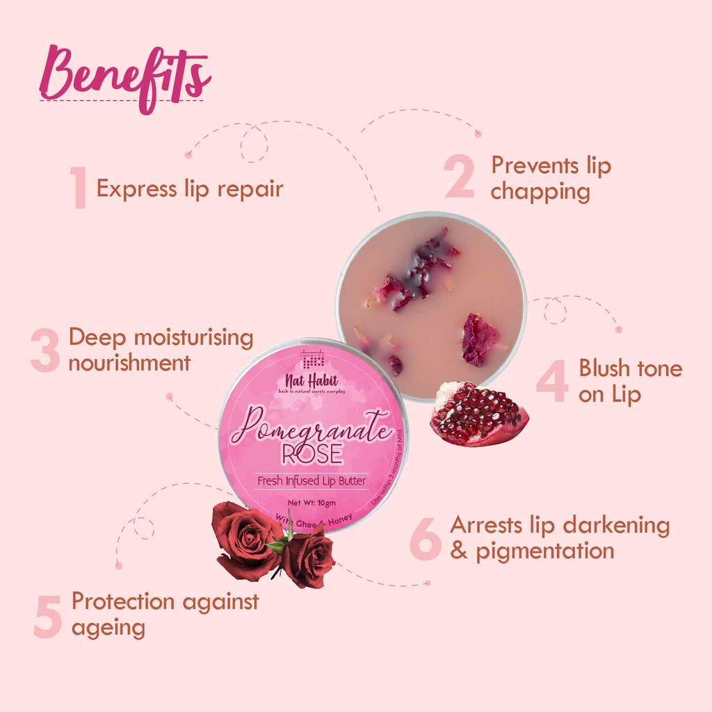 Desi Ghee & Honey Lip Balm, Pomegranate Rose Ayurvedic Lip Butter For Dark Lips Lightening