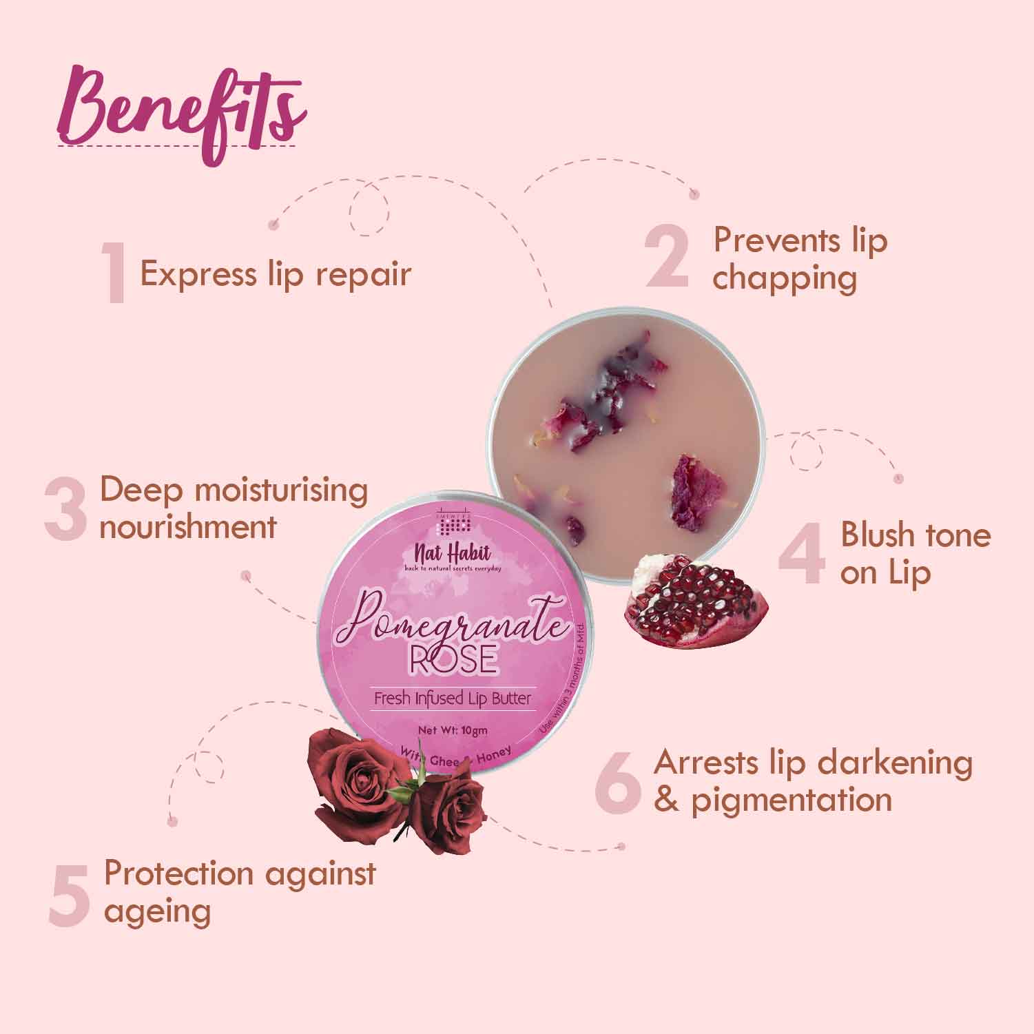 Desi Ghee & Honey Lip Balm, Pomegranate Rose Ayurvedic Lip Butter For Dark Lips Lightening
