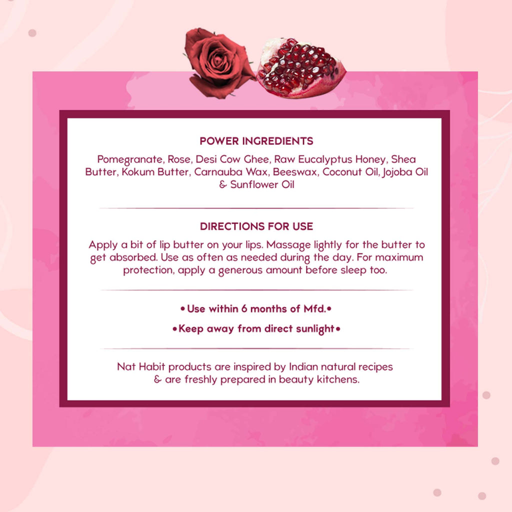Desi Ghee & Honey Lip Balm, Pomegranate Rose Ayurvedic Lip Butter For Dark Lips Lightening