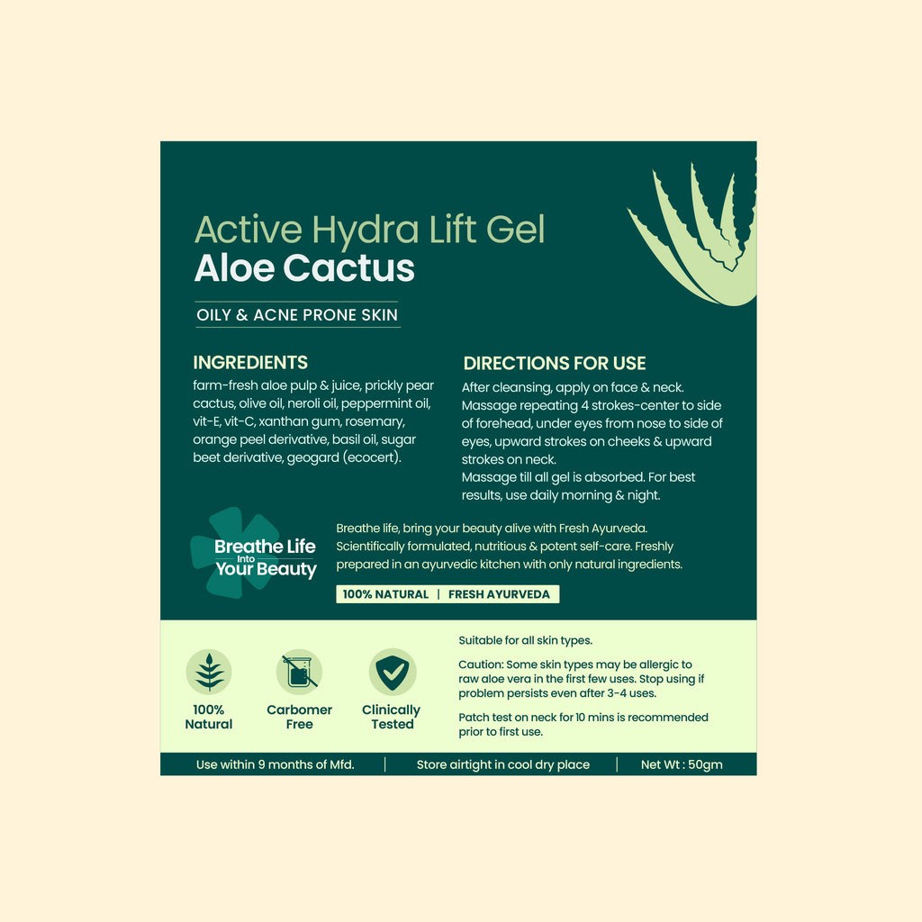 Active Aloe Cactus Hydra Lift Face Gel Moisturiser For Acne Control & Hydration Boost