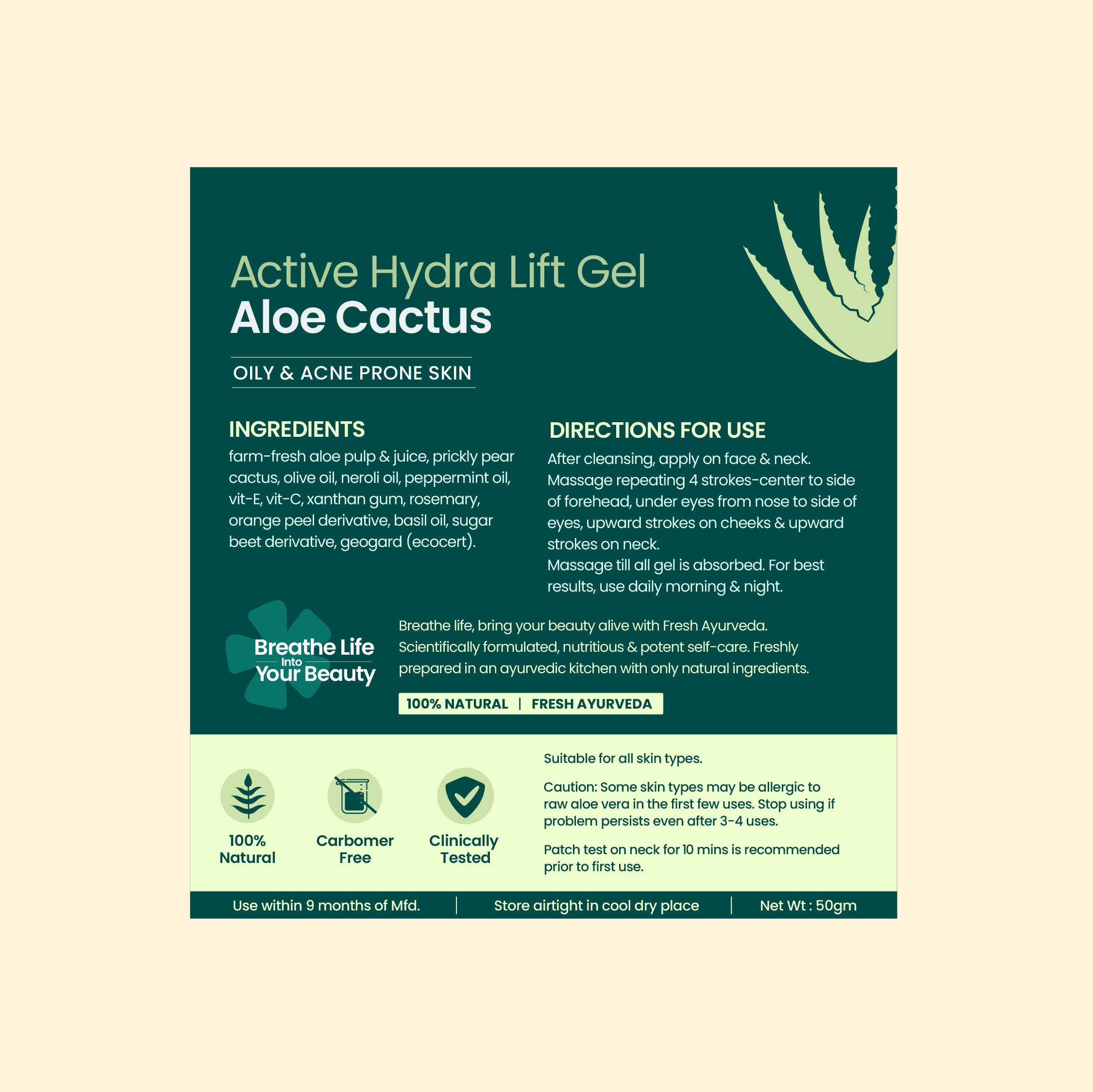 Active Aloe Cactus Hydra Lift Face Gel Moisturiser For Acne Control & Hydration Boost