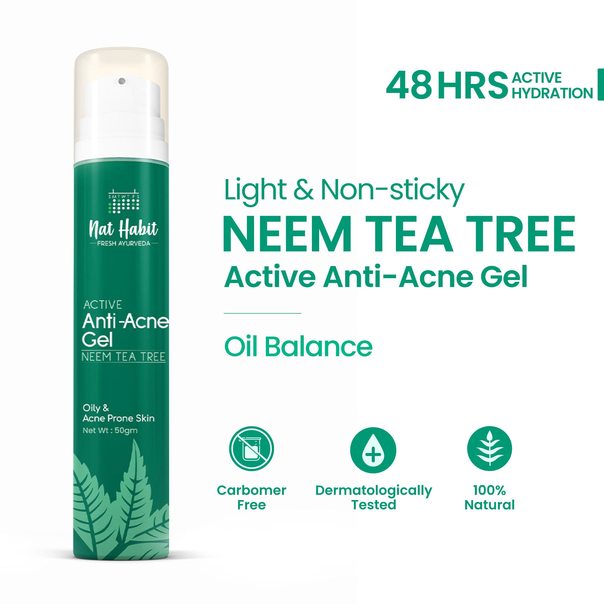 Active Anti Acne Neem Tea Tree Face Gel Moisturiser For Oily & Acne Prone Skin