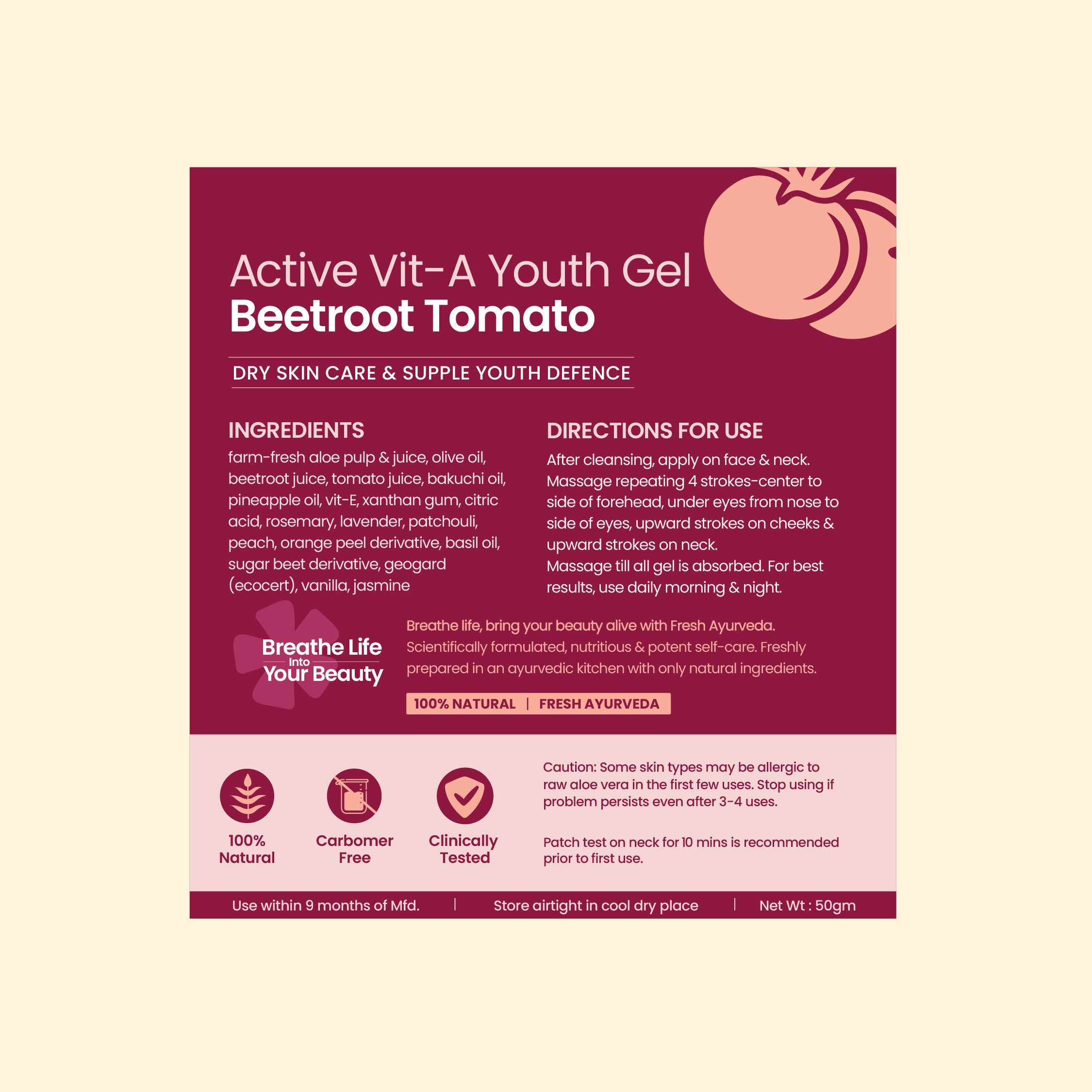 Active Beetroot Tomato Vitamin A Face Gel Moisturiser For Dry Skin Care & Collagen Boost
