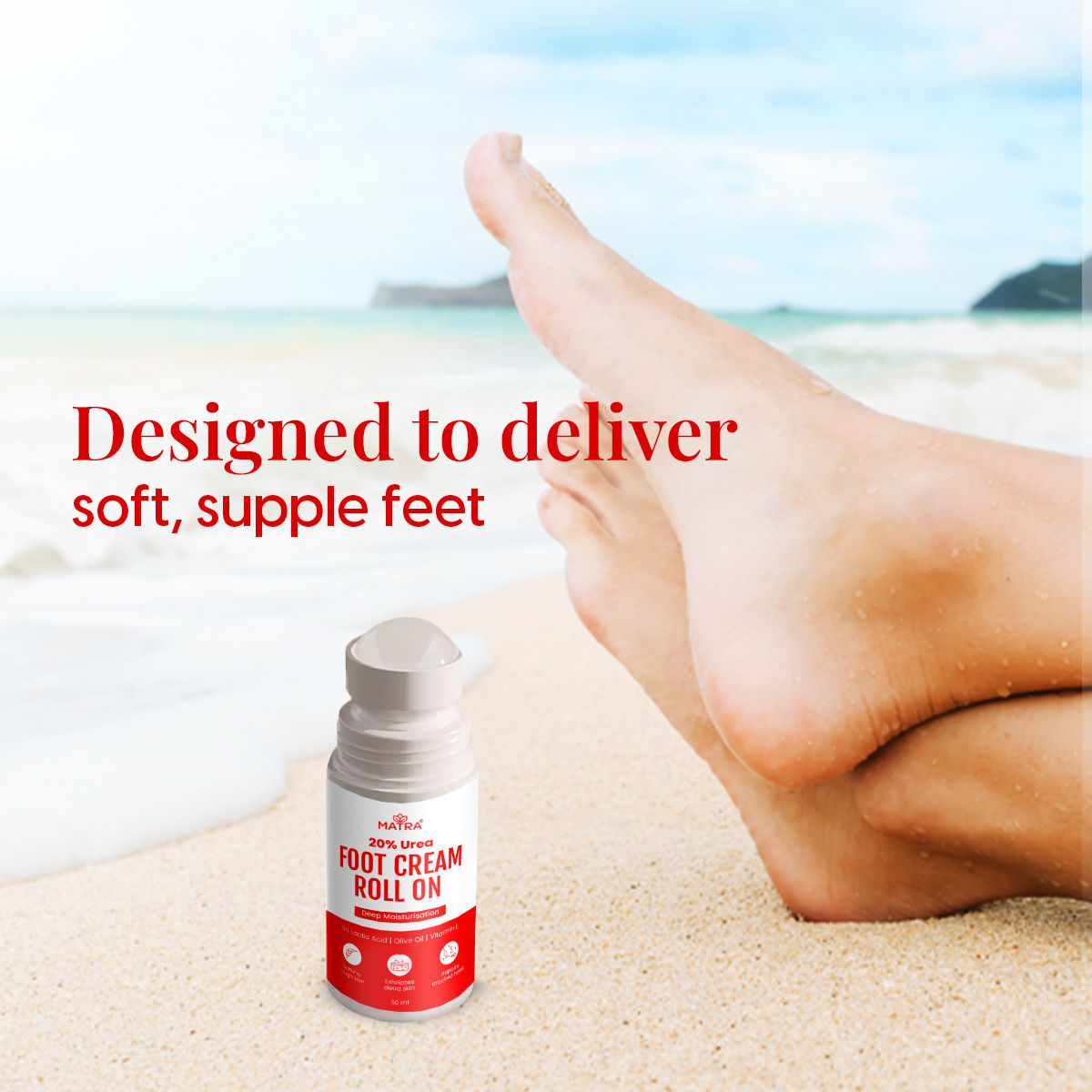 20% Urea Foot Cream Roll On For Cracked Heels & Dry Feet With Lactic Acid - Softens & Repairs