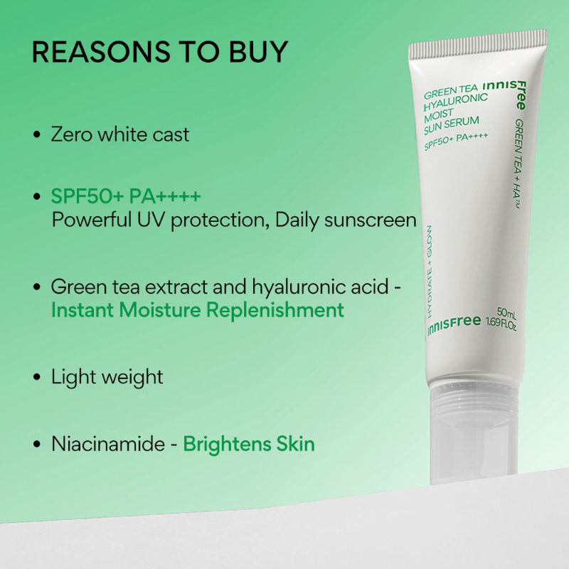 Green Tea Hyaluronic Sunscreen Serum SPF 50+ PA++++ No White Cast Lightweight & Hydrating