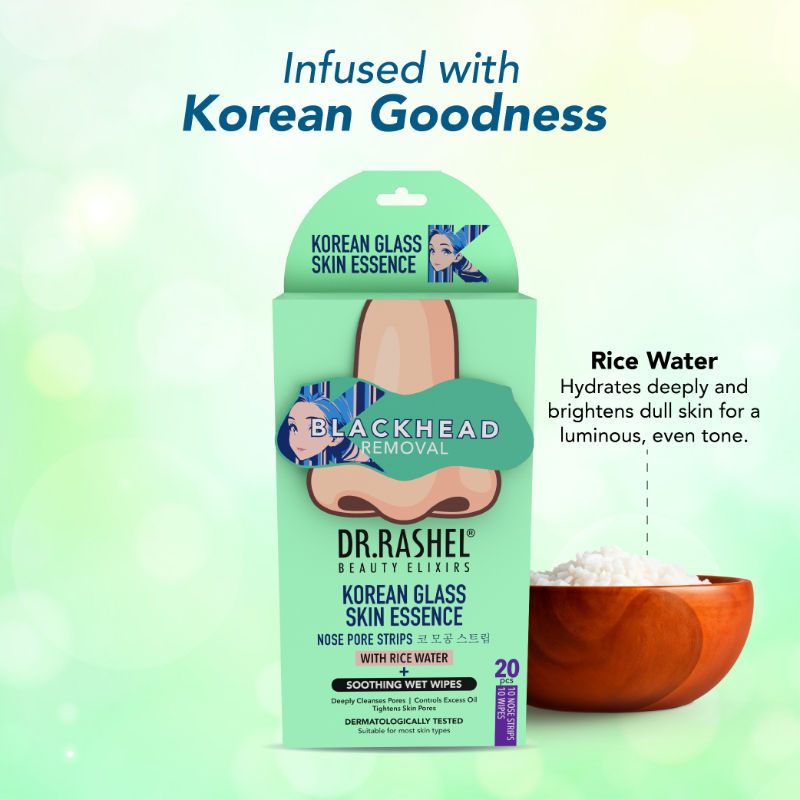 Korean Glass Skin Essence Nose Strips - 20 Strips(10 Strip+ 10 Wipes)
