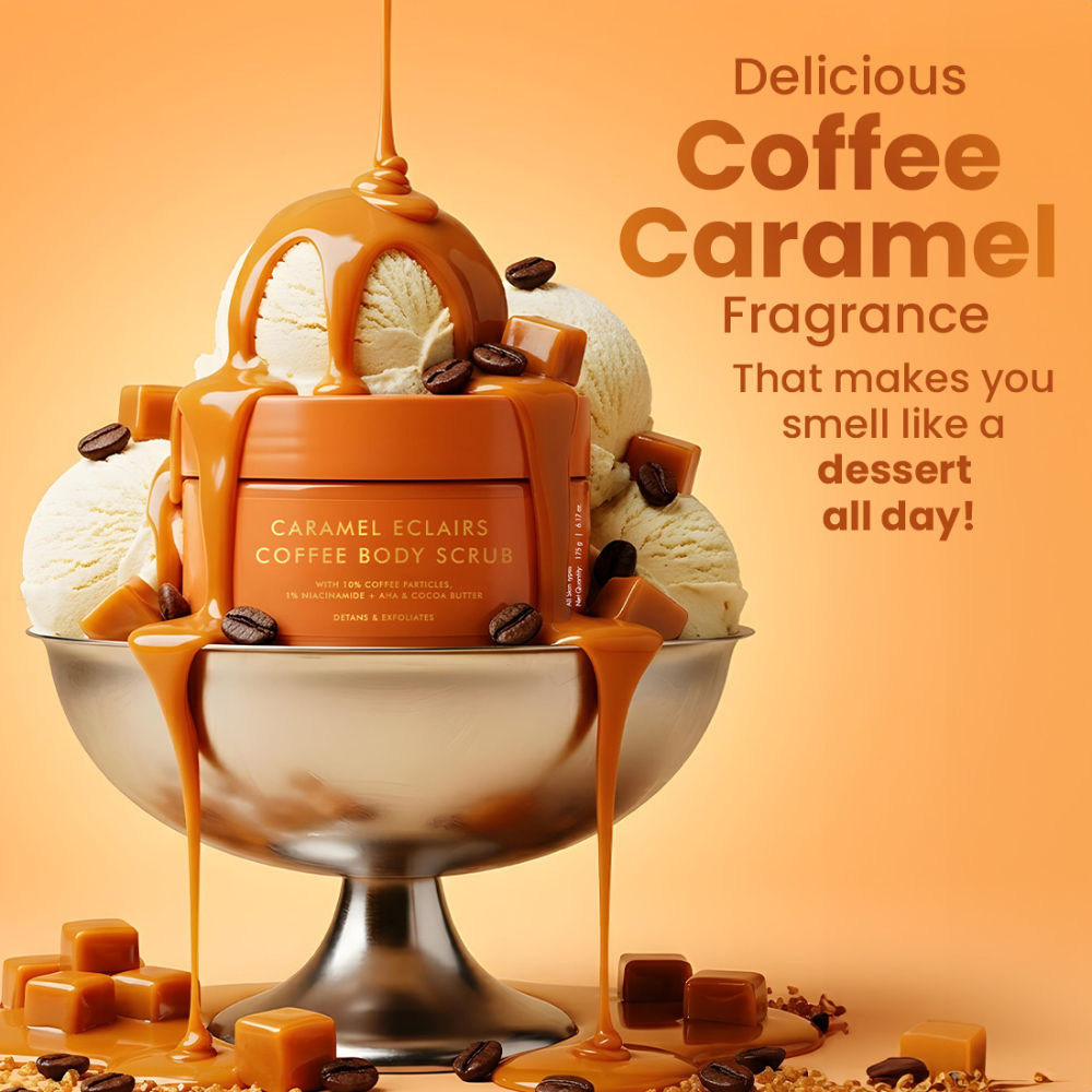 Caramel Eclairs Coffee Body Scrub, Smooth Skin & Reduces Tan, 10% Coffee Grounds & AHA