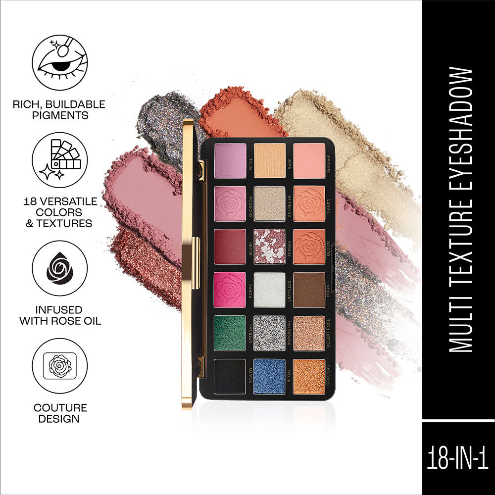 Rouge Bloom Eyeshadow Pro-Palette, 18 Shades For Infinite Looks, Infused With Rose Oil