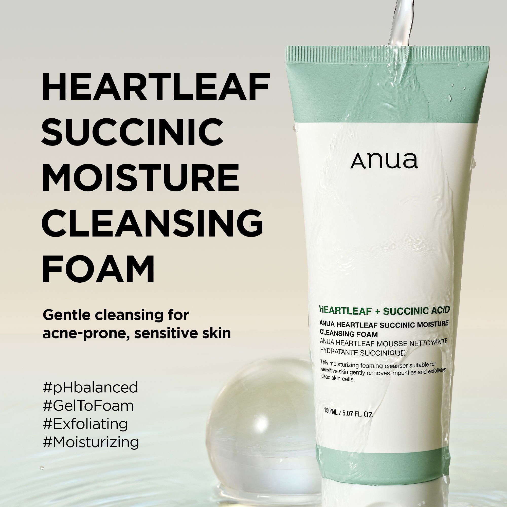 Heartleaf Succinic Moisture Cleansing Foam, Non-Stripping & pH Balanced for Sensitive Skin