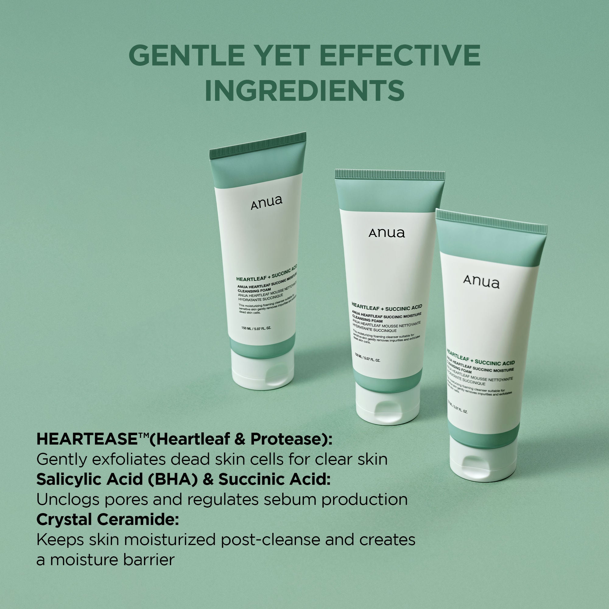 Heartleaf Succinic Moisture Cleansing Foam, Non-Stripping & pH Balanced for Sensitive Skin