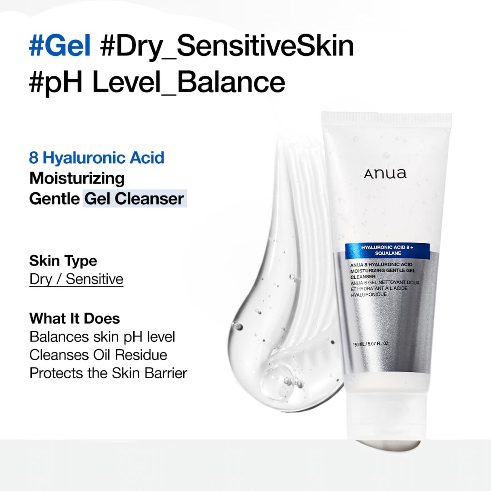 8 Hyaluronic Acid Moisturizing Gentle Gel Cleanser with Ceramides For Soft Skin, pH Balanced