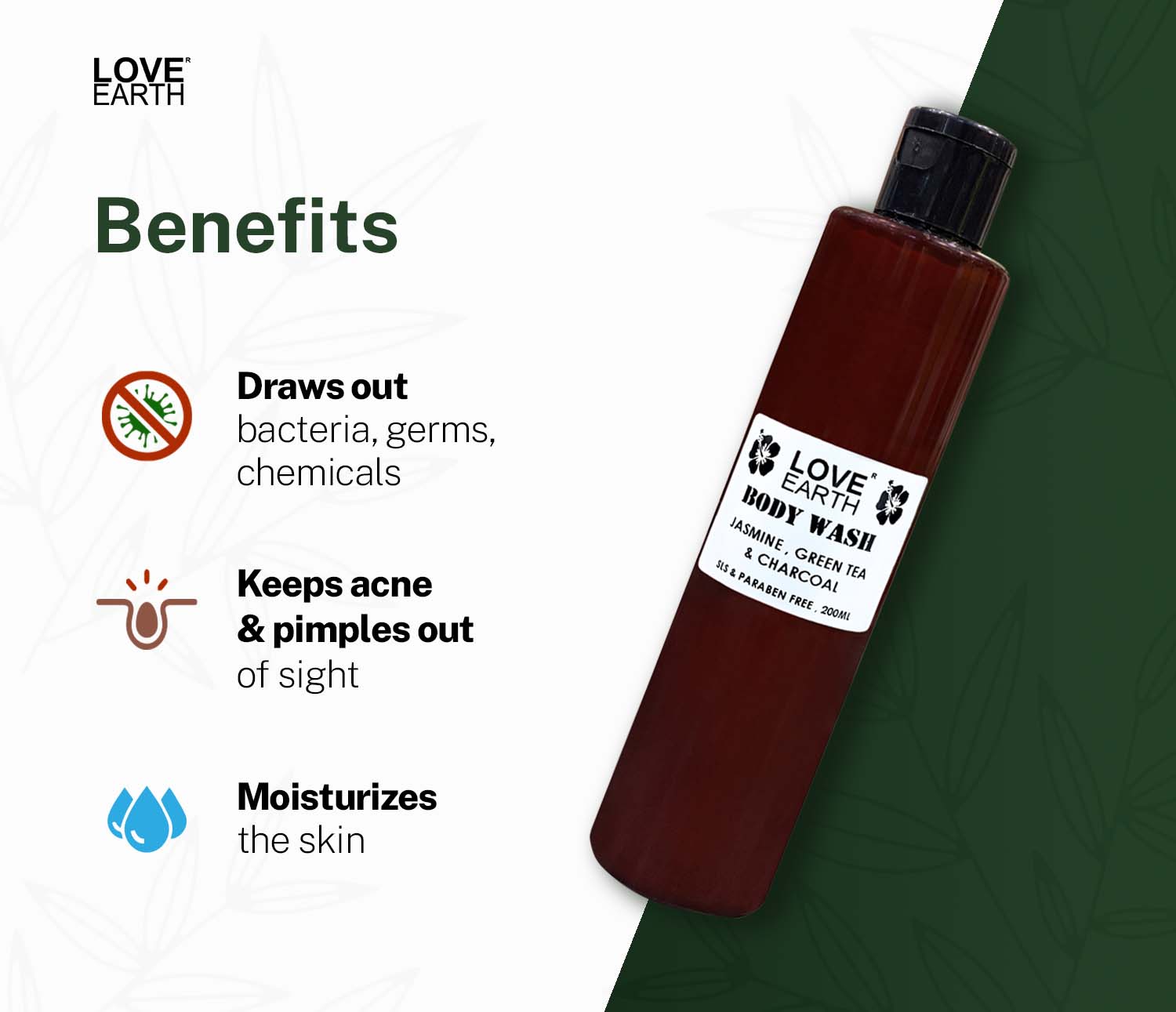 Body Wash Jasmine Green Tea and Charcoal with Aloe Vera & Tea Tree for Acne & Pimples