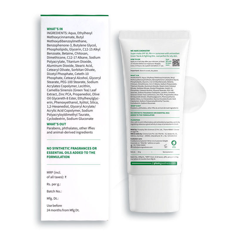 Green Tea & Zinc Super-Matte SPF 50 Sunscreen Gel For Oily, Combination Skin, No White Cast