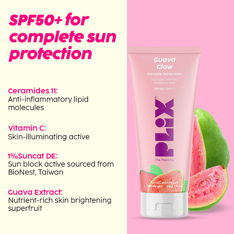 SPF 50+ Guava Glow Invisible Sunscreen Gel For UV A, UV B Protection with Ceramides and Vit C