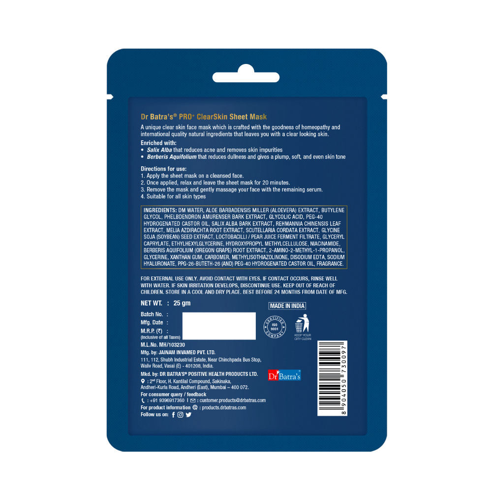 Dr Batras Pro + Clear Skin Sheet Mask,Get Glowing Skin, Paraben free,All Skin Type,Natural Extract