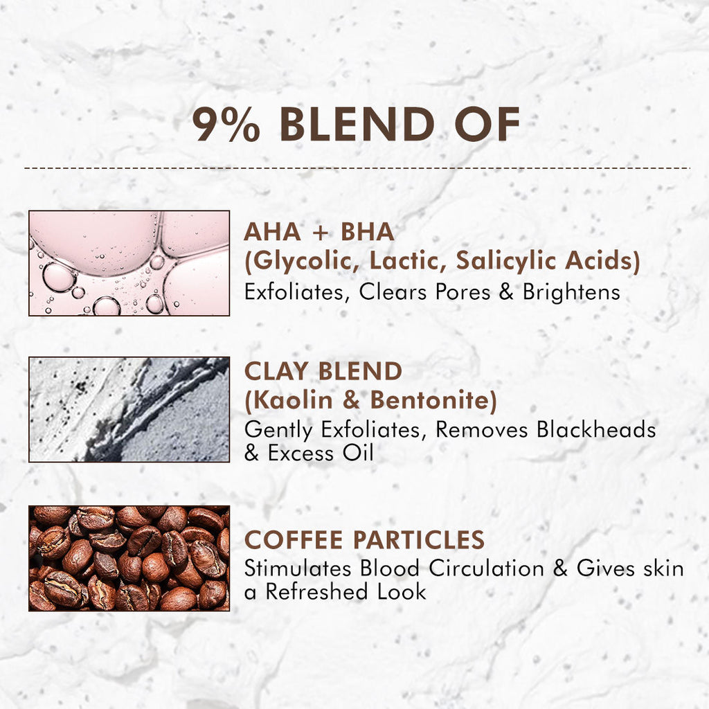 Pore Cleanse Coffee Cookie Detan Face Mask 9% AHA BHA, 3% Charcoal, Coffee Clay Mask