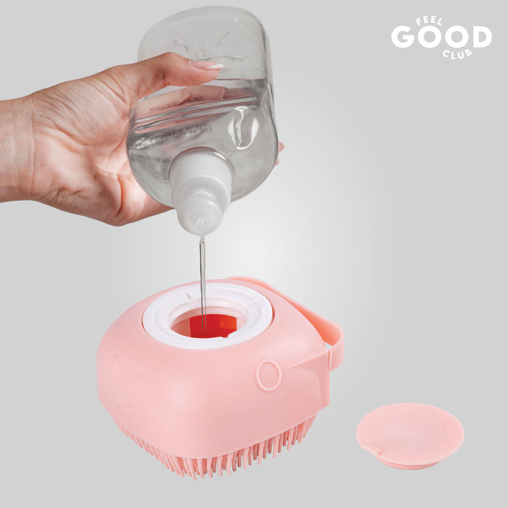 Pink Silicone Body Scrubber Loofah Bath Brush With Built-in Shower Gel/Soap Dispenser