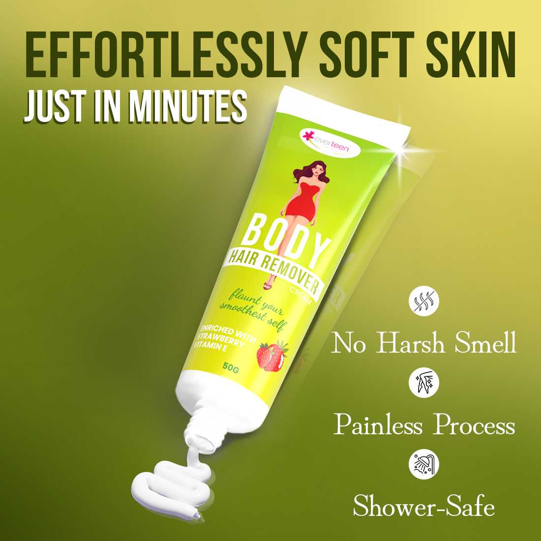 Body Hair Remover Cream - Strawberry, Vitamin E & Almond Oil