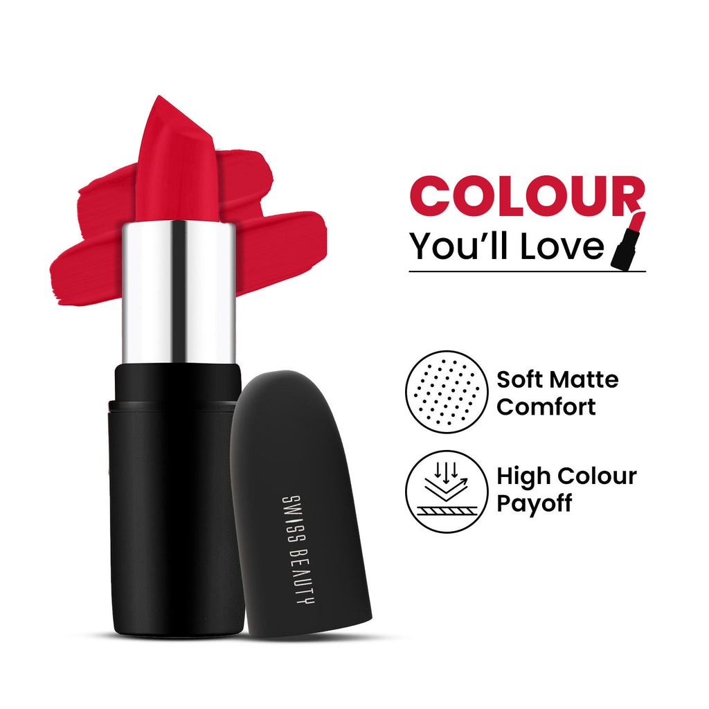 Pure Matte Lipstick , Non-Drying, Smooth Glide, Long Lasting - 206 Coral Red