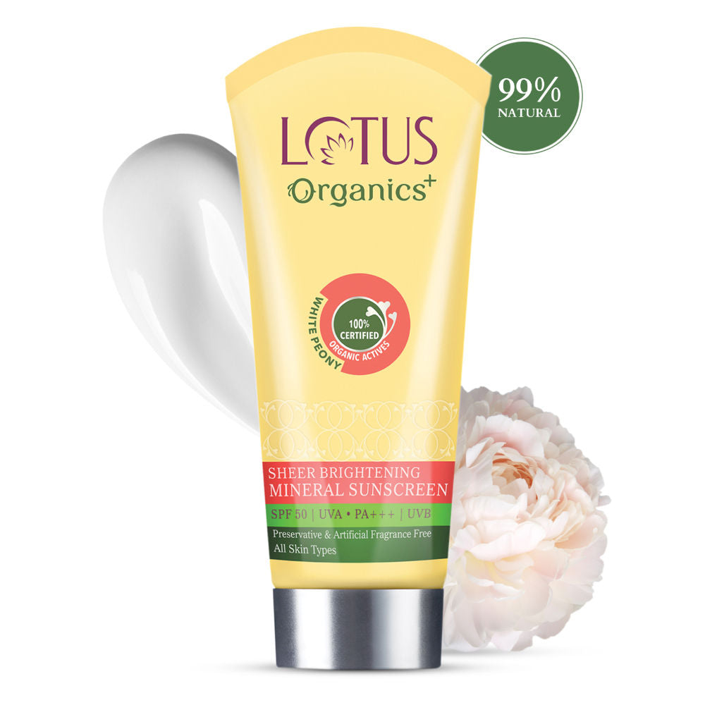Lotus Organics Sheer Brightening Mineral Sunscreen, SPF 50, 100% Certified Organic White Peony - 100g