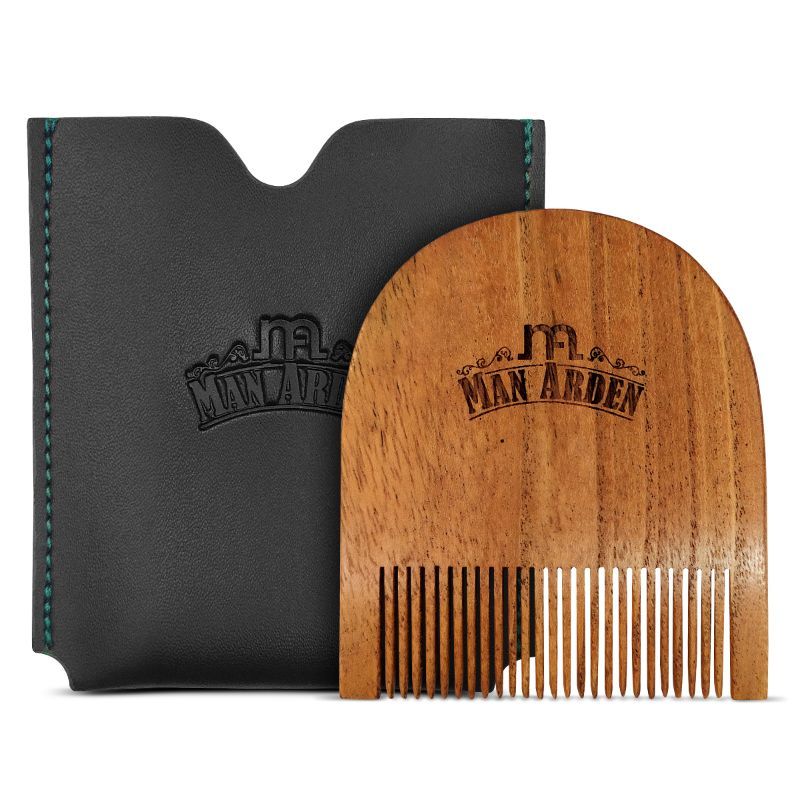 Pure Neem Wooden U Shaped Beard Comb With Premium Faux Leather Pouch