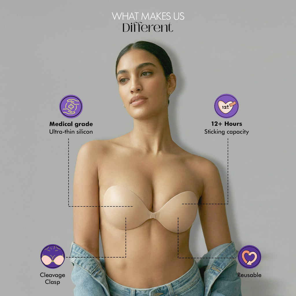 Polka Adhesive Stick-On Cleavage Bra - Reusable Invisible Strapless Bra Nude (C Cup)