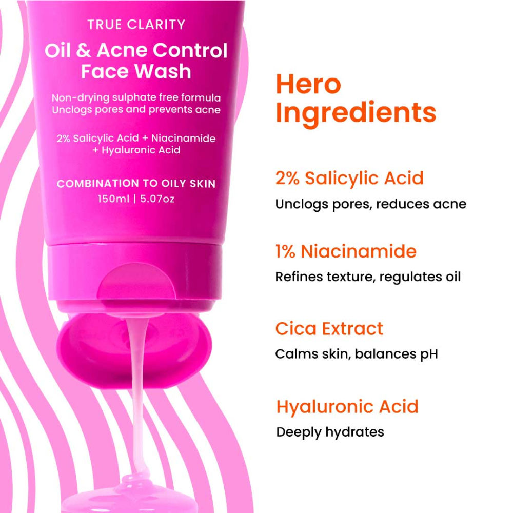 Oil & Acne Control Face Wash with 2% Salicylic Acid & Cica, For Clear, Oil Free & Calm Skin