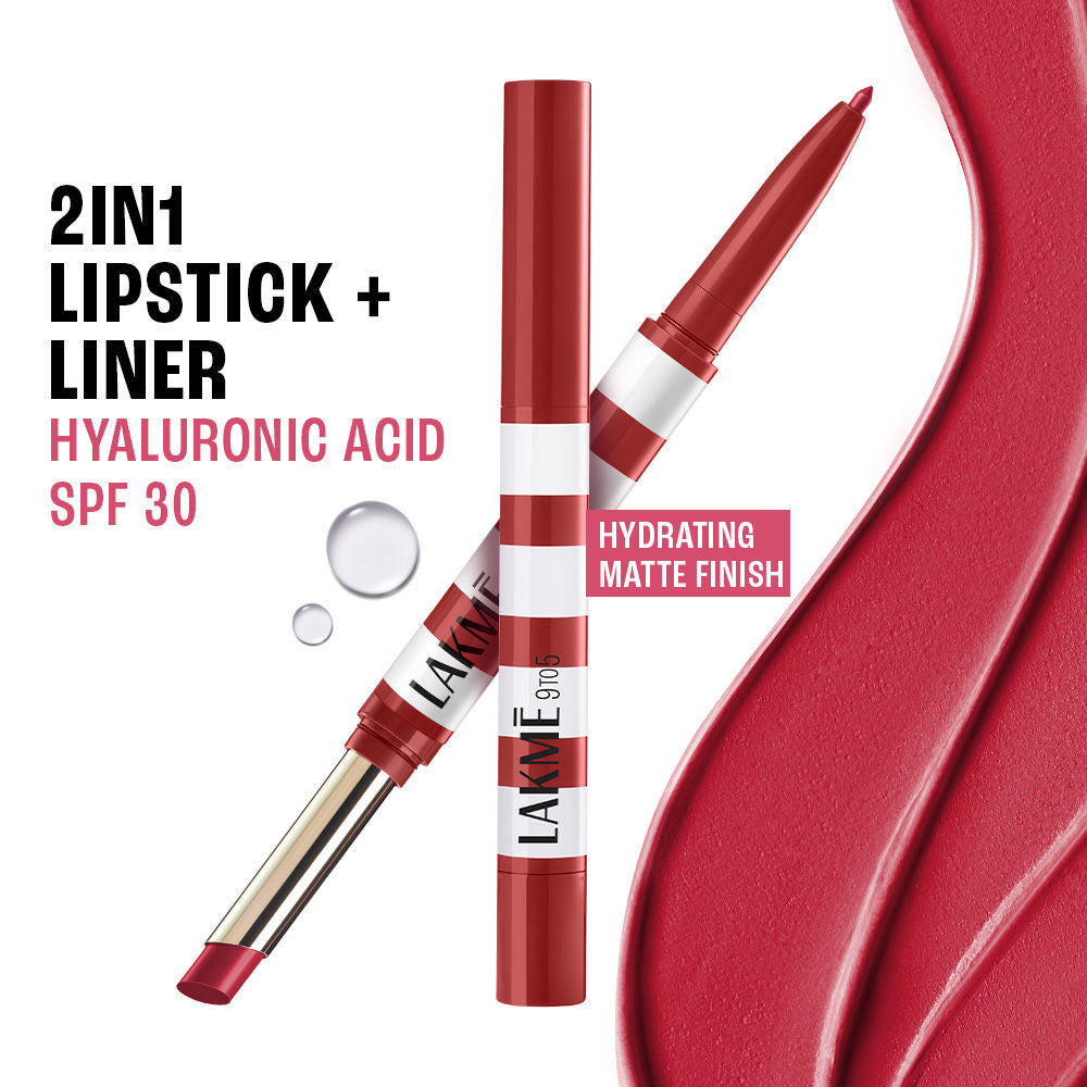9to5 Hya Beach Edit, Lipstick + Liner Duo, SPF 30, Hydrating Matte - Afterhours Red
