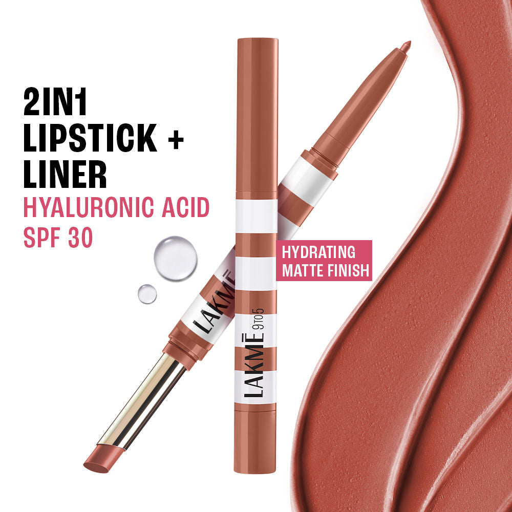 9to5 Hya Beach Edit, Lipstick + Liner Duo, SPF 30, Hydrating Matte - Beachy Nude