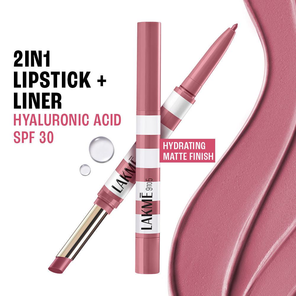 9to5 Hya Beach Edit, Lipstick + Liner Duo, SPF 30, Hydrating Matte - Pro Pink