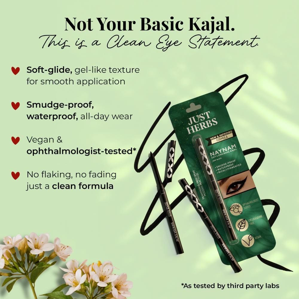 Naynam Day - Long Kohl Kajal - Sweet Almond Oil & Vitamin E - Smudgeproof & Transferproof