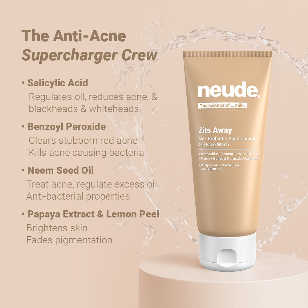 Milk Probiotic Acne Control Gel Face Wash with 2% Salicylic Acid & Neem - Zits Away