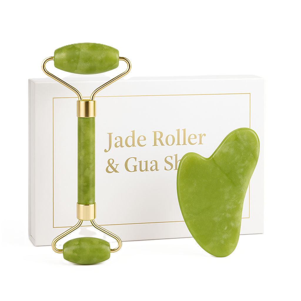Jade Stone Face Roller & Gua Sha Set for Face, Neck & Under Eye – Enhances Glow & Reduces Wrinkles