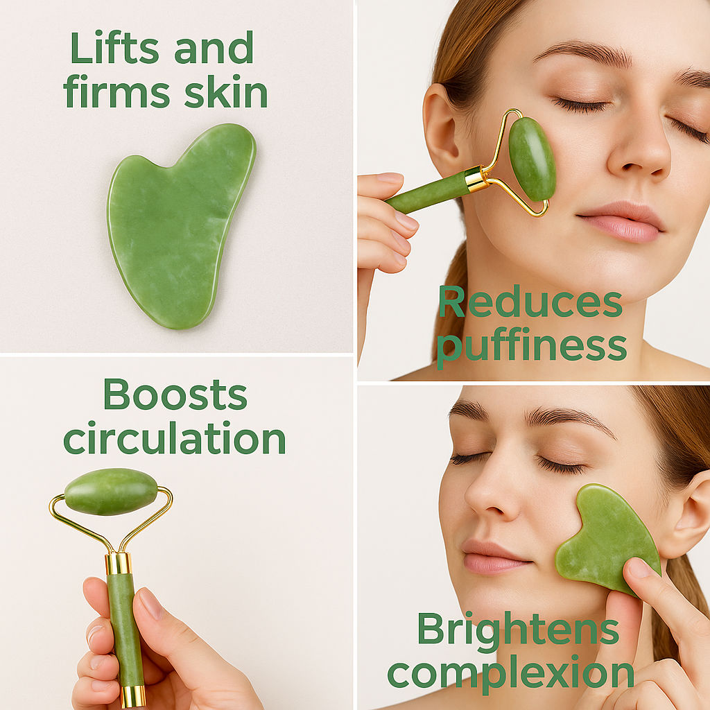 Jade Stone Face Roller & Gua Sha Set for Face, Neck & Under Eye – Enhances Glow & Reduces Wrinkles