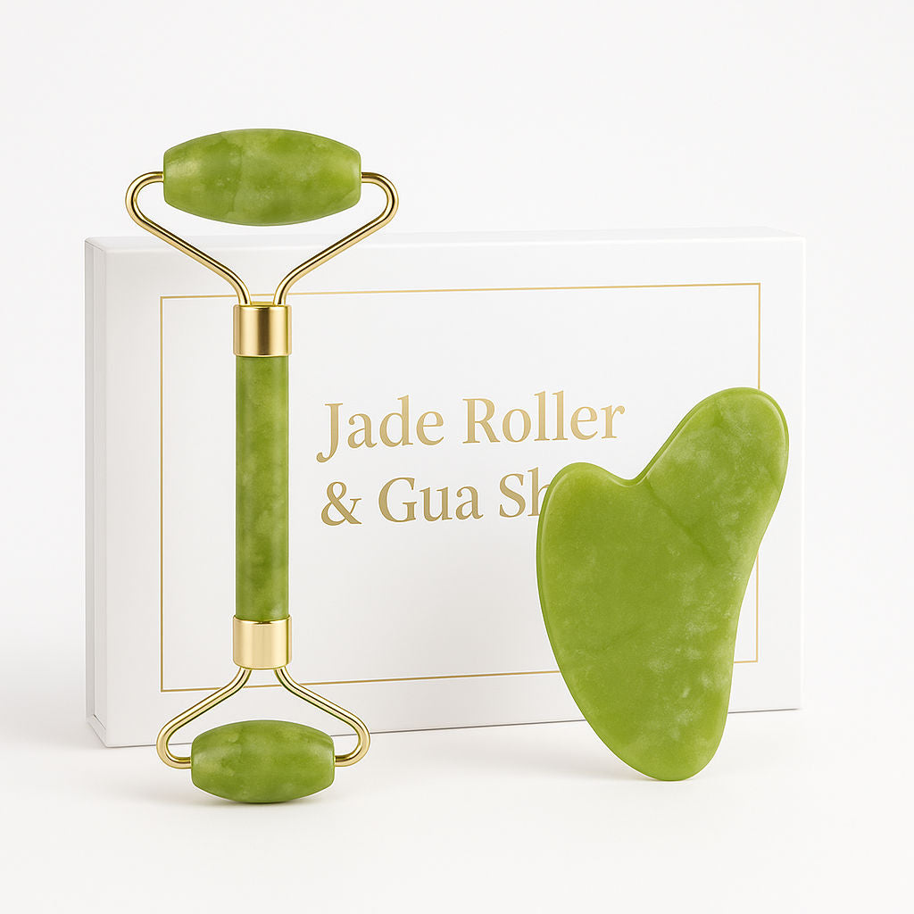 Jade Stone Face Roller & Gua Sha Set for Face, Neck & Under Eye – Enhances Glow & Reduces Wrinkles