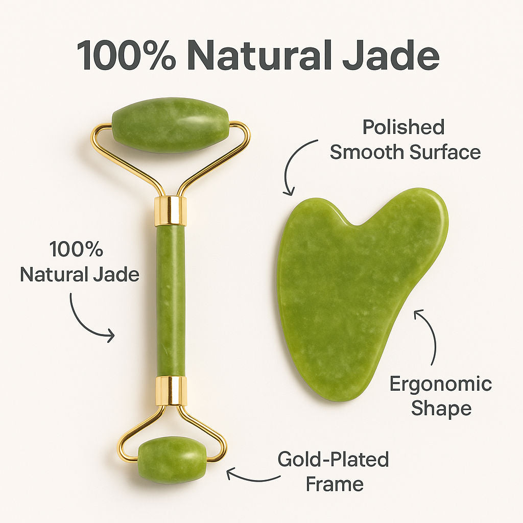 Jade Stone Face Roller & Gua Sha Set for Face, Neck & Under Eye – Enhances Glow & Reduces Wrinkles
