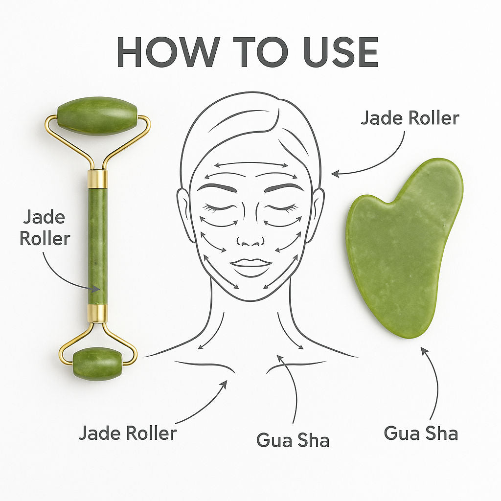Jade Stone Face Roller & Gua Sha Set for Face, Neck & Under Eye – Enhances Glow & Reduces Wrinkles