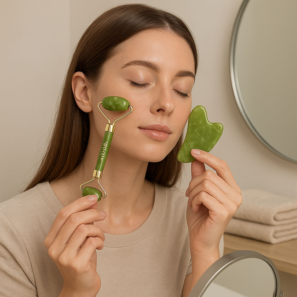 Jade Stone Face Roller & Gua Sha Set for Face, Neck & Under Eye – Enhances Glow & Reduces Wrinkles