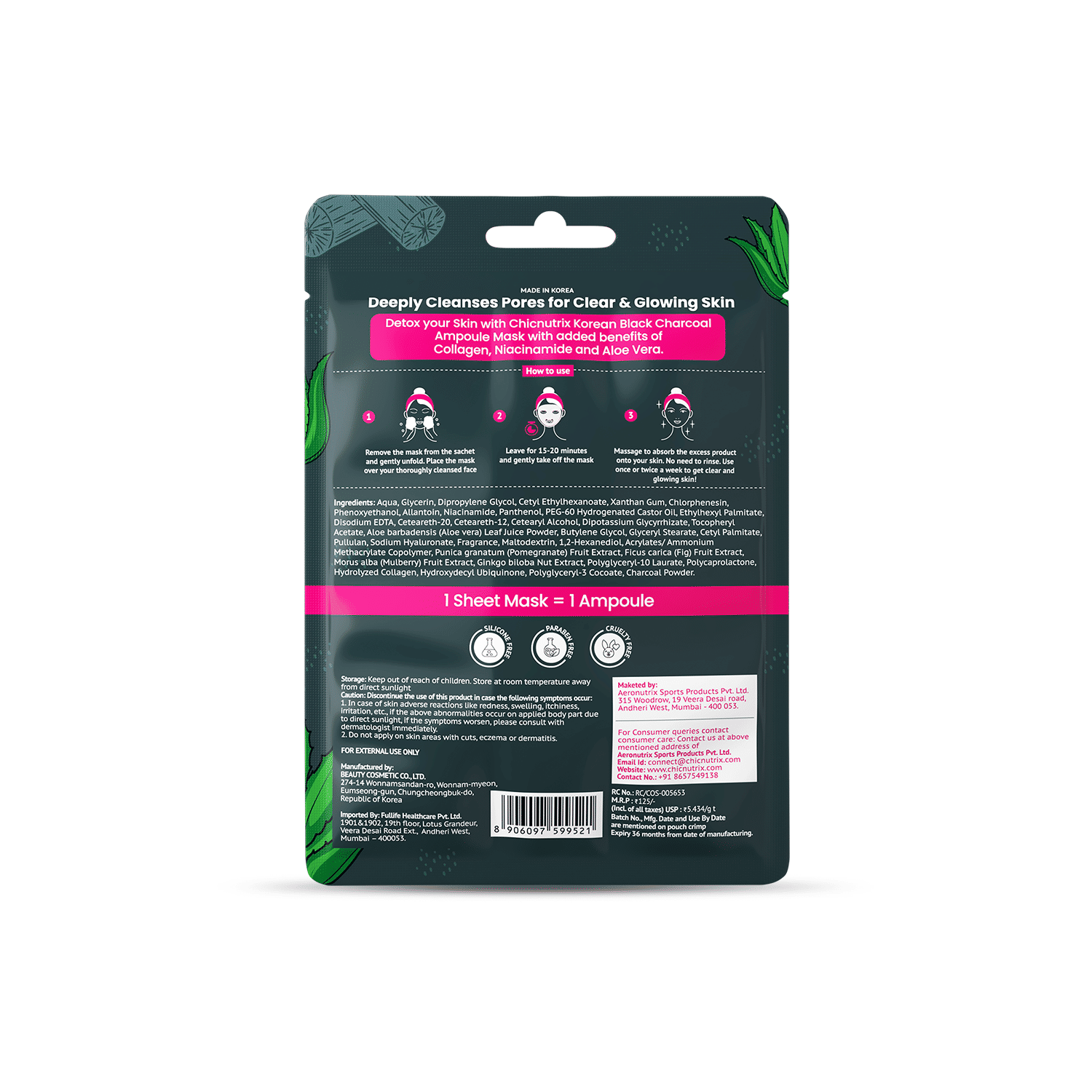 Korean Black Charcoal + Aloe Vera + Niacinamide Sheet Mask
