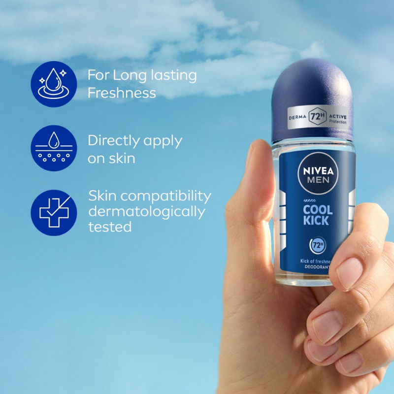 Men Deodorant Roll On, Cool Kick, 48h Long lasting Freshness