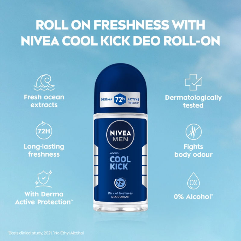 Men Deodorant Roll On, Cool Kick, 48h Long lasting Freshness