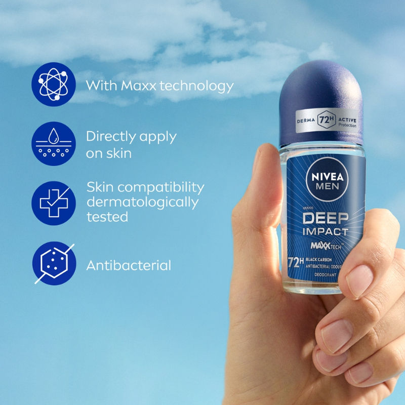 Men Deodorant Roll On Deep Impact Maxx Tech Freshness Black Carbon 72H Anti Perspirant Freshness