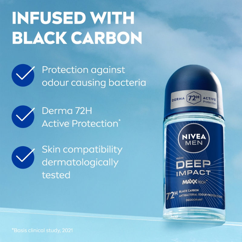 Men Deodorant Roll On Deep Impact Maxx Tech Freshness Black Carbon 72H Anti Perspirant Freshness